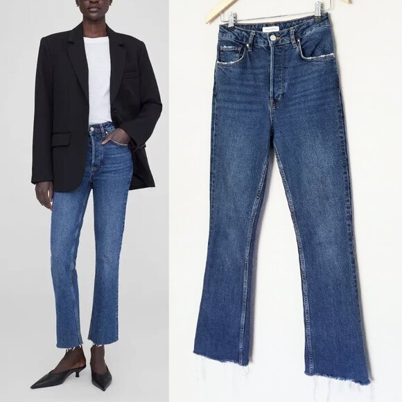 Anine Bing Lara Flared Jeans 27 Mid Indigo Blue High Waist Raw Hem Designer $230 - Picture 3 of 16